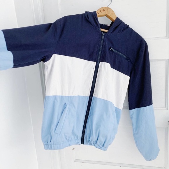 Vintage Navy Blue and Light Blue Color Block Cotton Zip Up Jacket with Hood - Picture 3 of 11